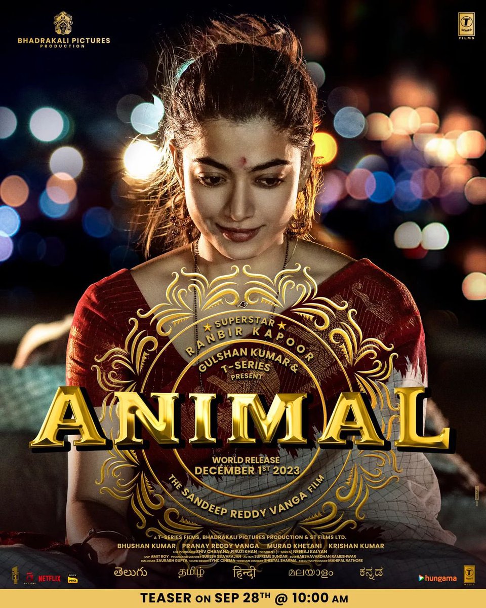 DevgnCineX's tweet photo. Here is the first look of #RashmikaMandanna as Geetanjali from #Animal 

#Animal #AnimalTeaserOn28thSept #AnimalTheFilm #AnimalOn1stDec #RanbirKapoor #RashmikaMandanna #AnilKapoor  #tseries #bobbydeol #releasingthisdecember #nycinemas  #fortheloveofcinema 

@AnimalTheFilm https://t.co/TIOQSV2q39