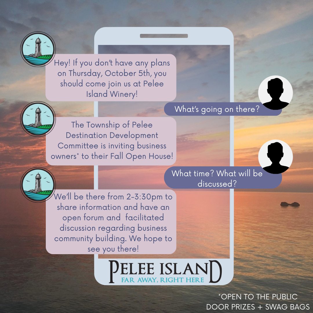 The Township of Pelee Destination Development Committee is hosting an Open House for commercial for-profit and not-for-profit tourism businesses🤓

Thursday October 5,  2-3:30 at Pelee Island Winery Pavilion

#peleeisland