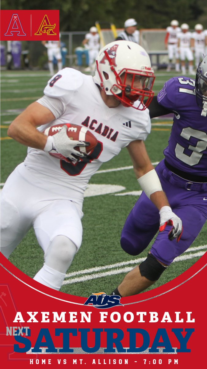 AcadiaFootball's tweet photo. 🏈 AXEMEN have this weekend off, but return to play next Saturday.
🗓️ Sat. Sept. 30
⏰ 7:00 pm AT
🆚 Mount Allison
📍 Raymond Field

All Day • All Game • All In

#NextGame #GoAxemen #GoAcadiaGo #Football #AUSFootball https://t.co/KtspynJmur