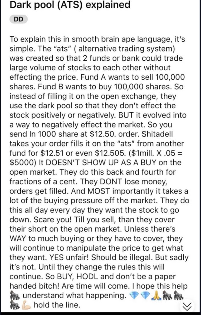 AgedMercury's tweet photo. Alternative Trading Systems, often called โDarkpoolsโ are cheating investors and retirement funds every single day. #BanATS #BanDarkpools
#NakedShorts #AMC #GME https://t.co/gpJJlXbqP3