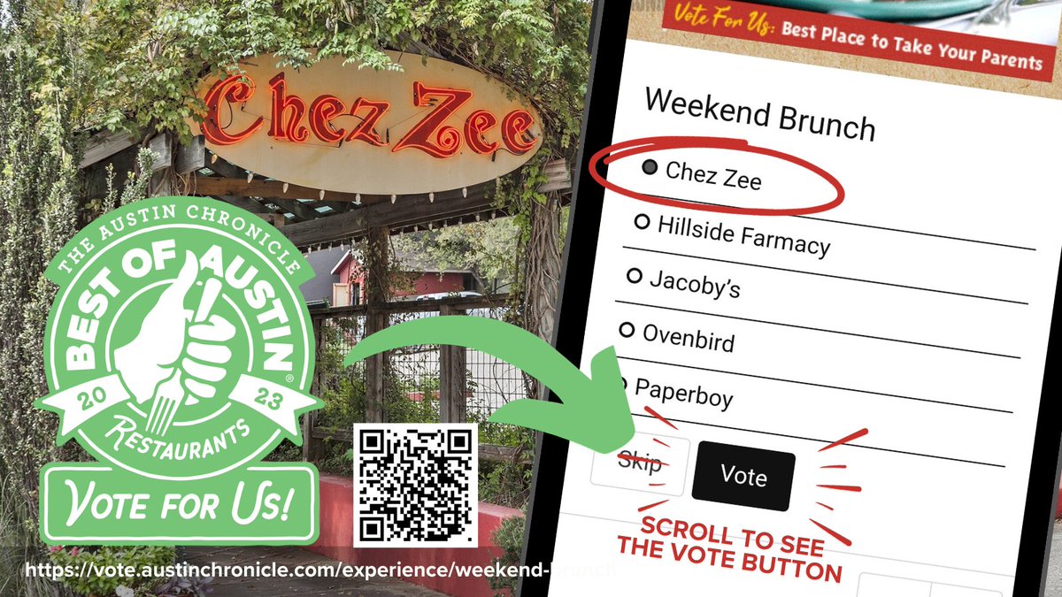 We're excited to be nominated for <a href="/AustinChronicle/">Austin Chronicle</a> #BestOfAustin #Restaurants in 3 categories! Best Weekend Brunch, Best Place To Take Your Parents and Best New American Cuisine - Please vote for us for all 3! vote.austinchronicle.com/experience/wee… (requires quick reg by email, 1 vote per reg)