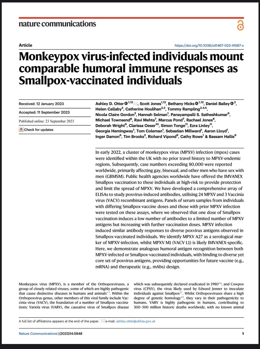 Great to see our Mpox immunology paper now out in @NatureComms!! nature.com/articles/s4146…
