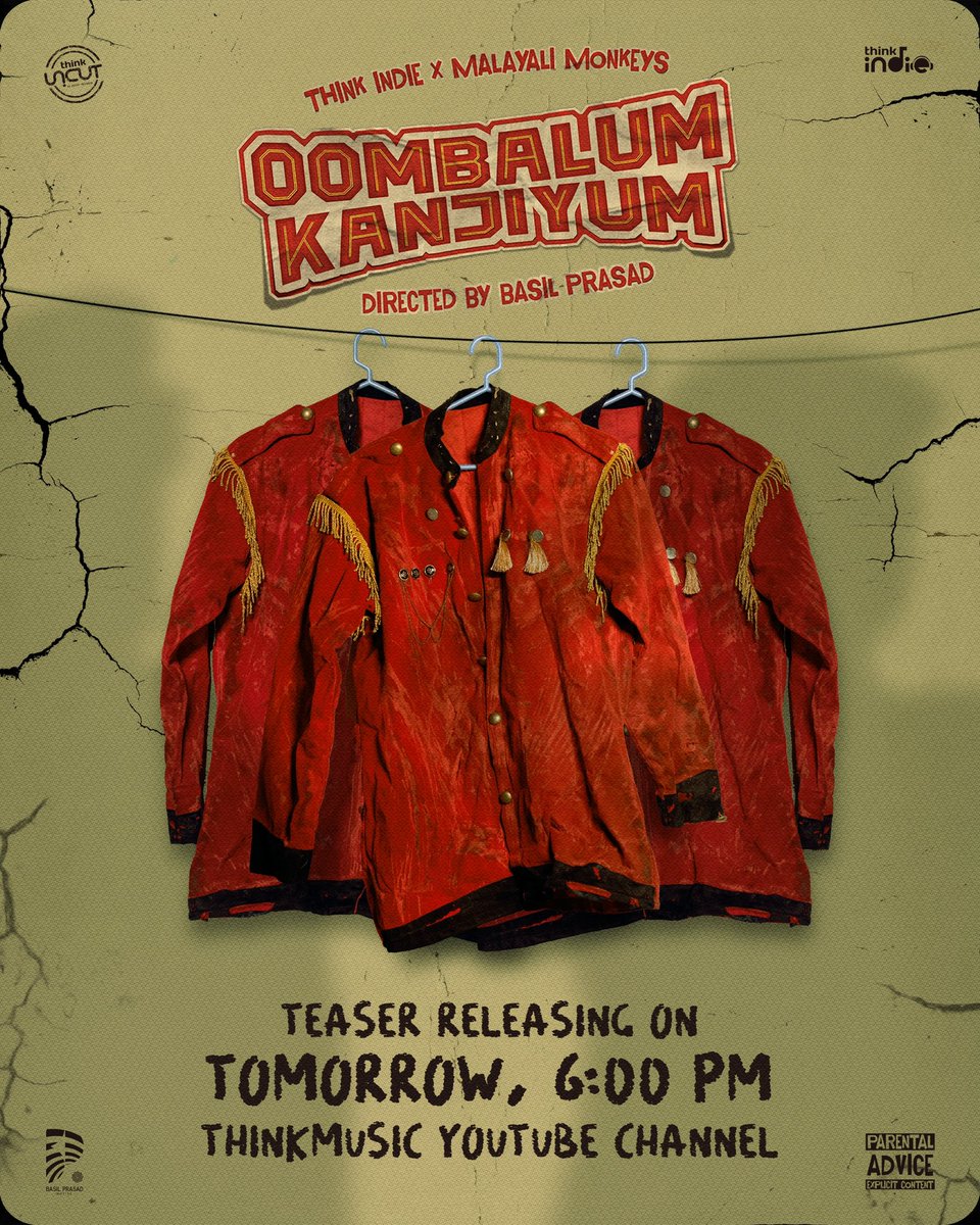 thinkmusicindia's tweet photo. You’ve gotta check it out!  🔥⚡️
#MalayaliMonkeys X #ThinkUncut 
#OombalumKanjiyum Teaser releasing tomorrow at 6️⃣pm 

Sung, composed & written by: @Malayalimonkeys

Intro video by: #GV
Edit: #RinshadMoozak
Creative direction: @basilprasad16

#MalayaliMonkeys #ThinkUncut #Thinklndie #ThinkMusic