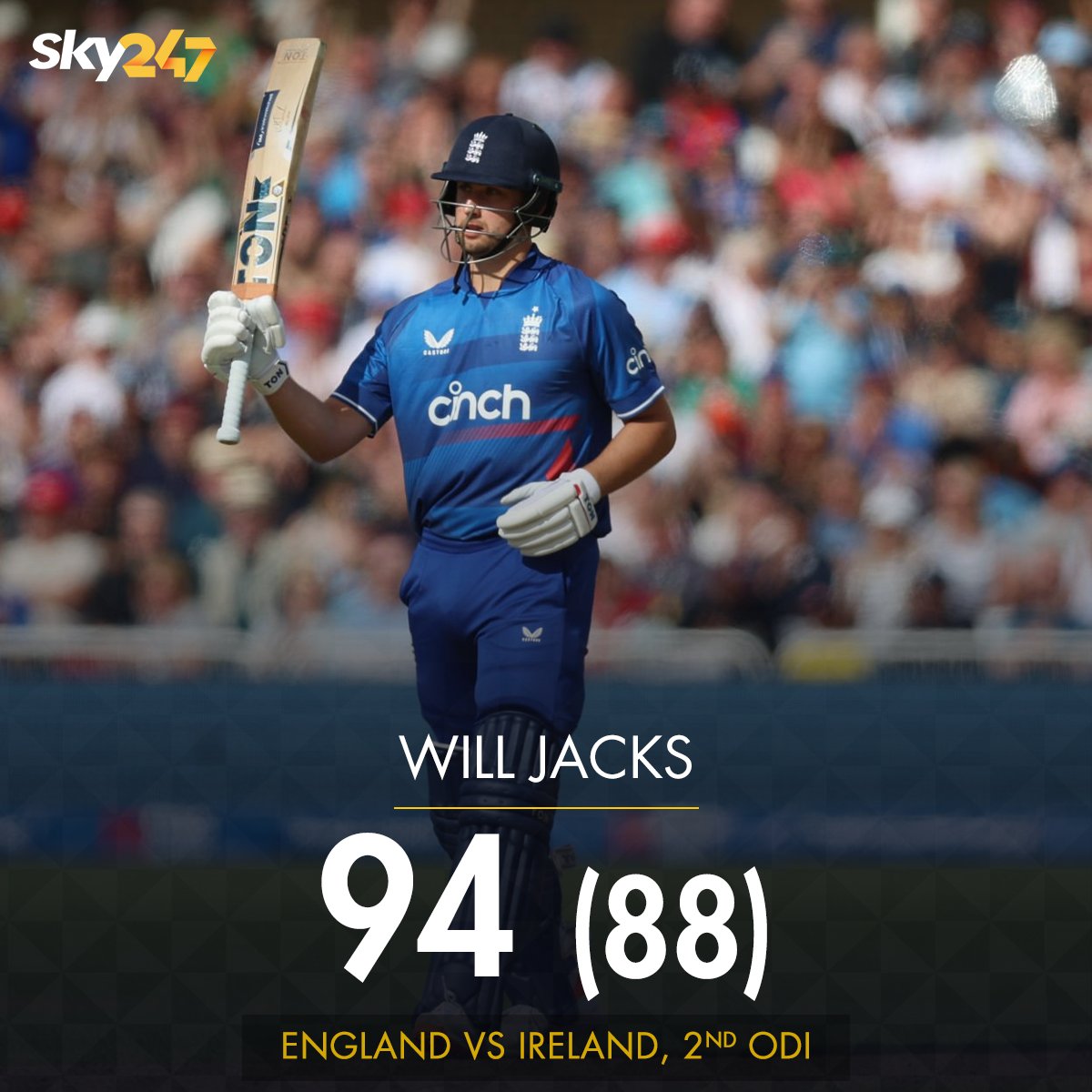 officialsky247's tweet image. Will Jacks fell short of a hundred by just 6 runs!

He narrowly missed achieving his first international century but delivered an incredible performance against Ireland.

#WillJacks #Cricket #ENGvsIRE #Fifty #EnglandCricket #SKY247