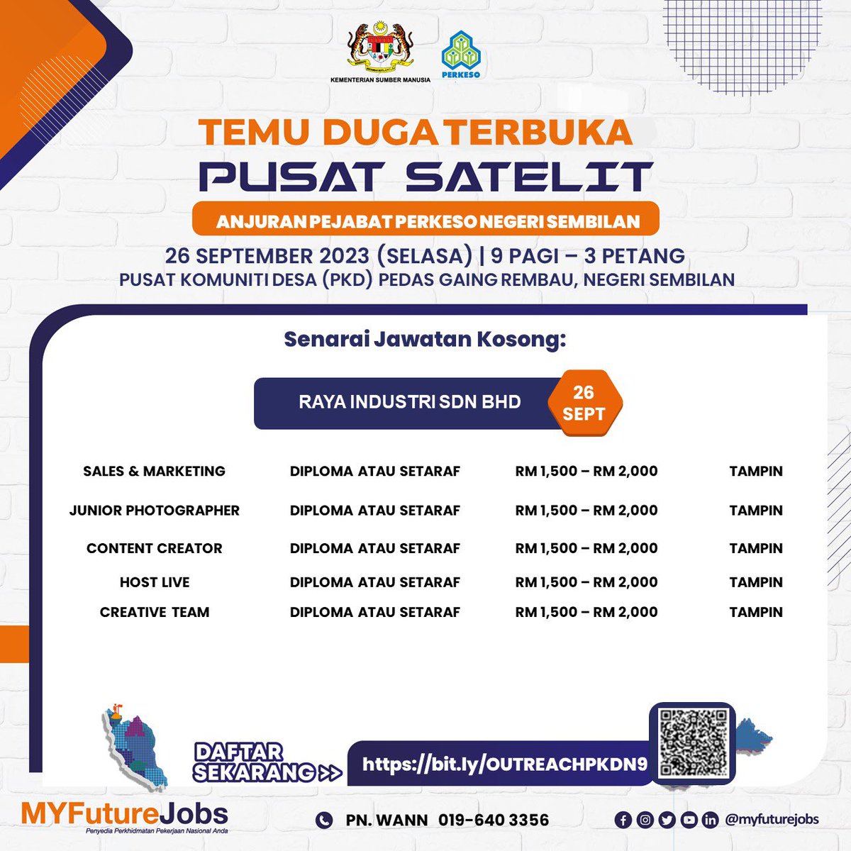 wanrozza's tweet photo. PROGRAM TEMU DUGA PUSAT SATELIT ANJURAN PEJABAT PERKESO NEGERI SEMBILAN 

TARIKH: 26 SEPTEMBER 2023 (SELASA)
TEMPAT: PUSAT KOMUNITI DESA (PKD) PEDAS GAING REMBAU, NEGERI SEMBILAN

Pra pendaftaran - https://t.co/Sbp4hwDODZ 

#jawatankosong #kerjakosong #rembau #tampin https://t.co/yXaDs4IJiT