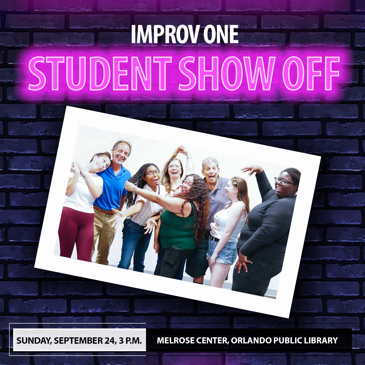 Sunday at 3pm, don't miss this celebration of the work our Improv One students have put in to become teams of performers! This live showcase will feature improv games and comedy scenes made up on the spot!