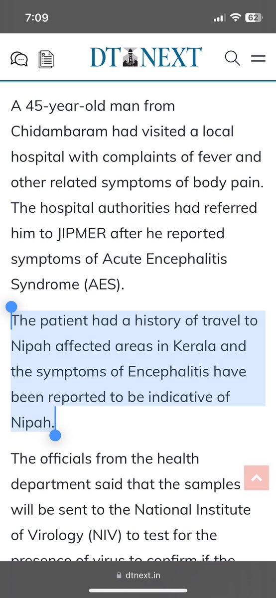 iamSandeepR's tweet image. Oh no! This is just ~150 kms away  from Chennai (where I live) ๐ณ
Could be something else but Encephalitis & recent travel history to #Nipah affected  districts makes #NiV infection a real possibility  ๐ณ๐ค
This is hitting closer to home & I think stringent guidelines must beโฆ