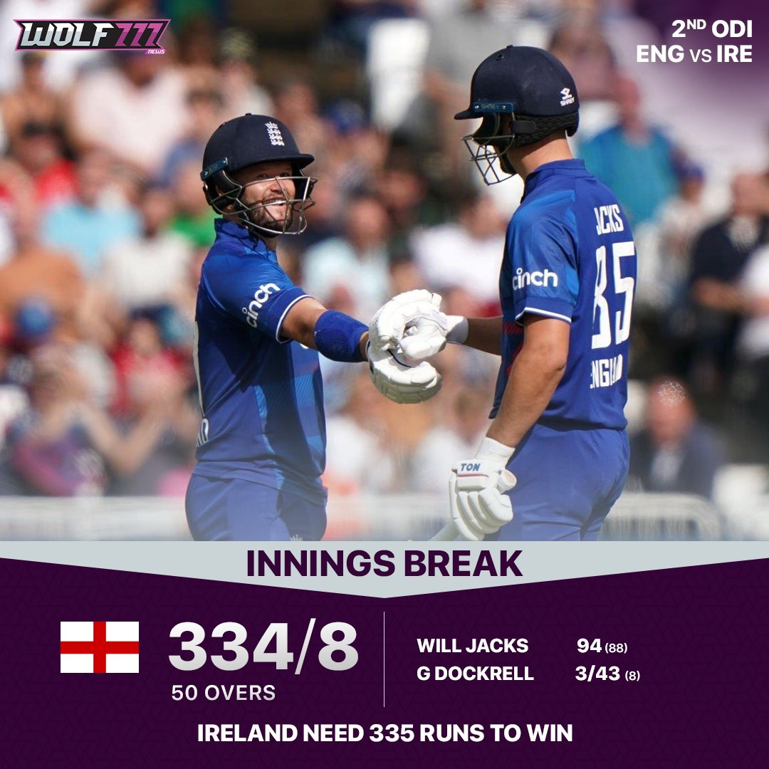 Wolf777news's tweet image. England has posted a massive total of 334 runs against Ireland in the 2nd ODI, debutant Sam Hain impresses everyone with a stunning knock of 89 runs!

#Wolf777news #ENGvsIRE #SamHain #WillJacks #ODI