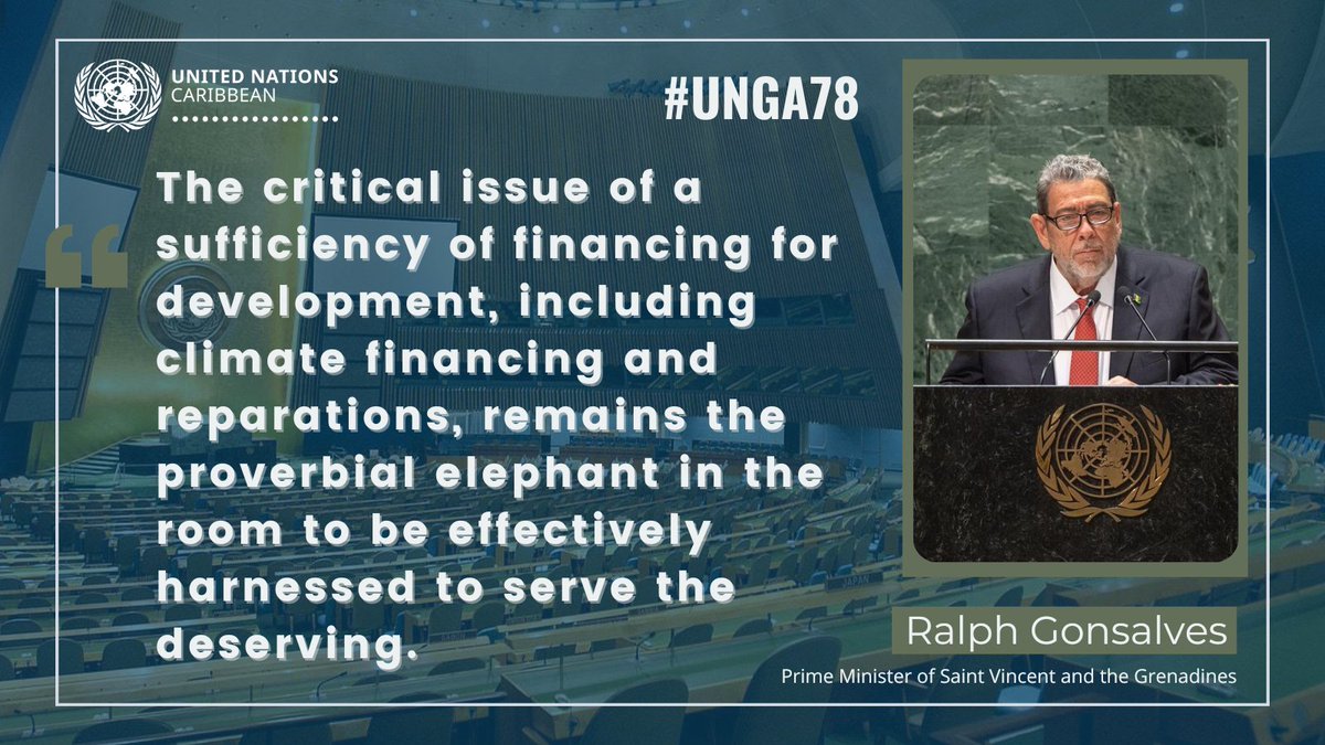Saint Vincenet and the Grenadines is calling for a special carveout for reparations to be factored into the #GlobalGoals for Sustainable Development said 🇻🇨#SVG Prime Minister <a href="/ComradeRalph/">Ralph Gonsalves</a> in his address to the General Debate of #UNGA 🇺🇳