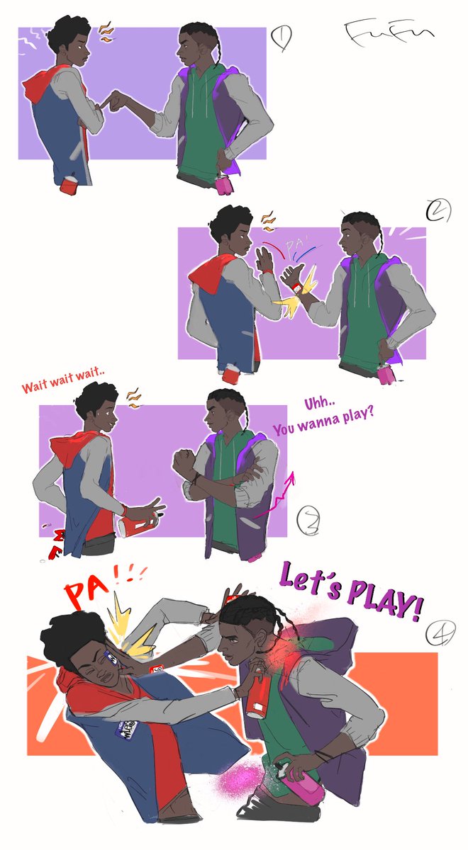 严重ooc抱歉太幼稚了
男孩子吵架是要动真格的
TAKE THIS!🤣
#ATSV 
#MilesMorales 
#421610 