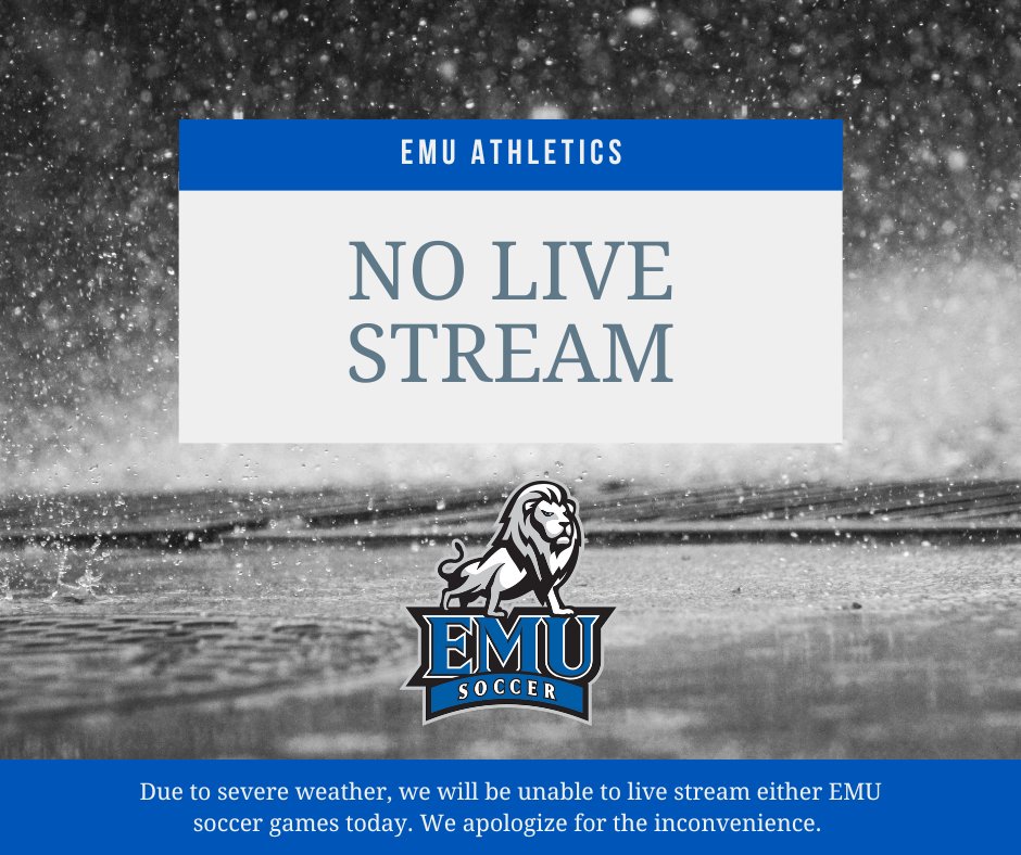 Fans, we apologize for the inconvenience, but due to today's weather forecast, we will be unable to stream the @EMU_WomenSoccer vs @lynhornets at 4 pm as well as the @EmuMensSoccer vs @AverettUCougars game at 7 pm. There will still be live stats! 

#CompeteTogether | #RoyalPride