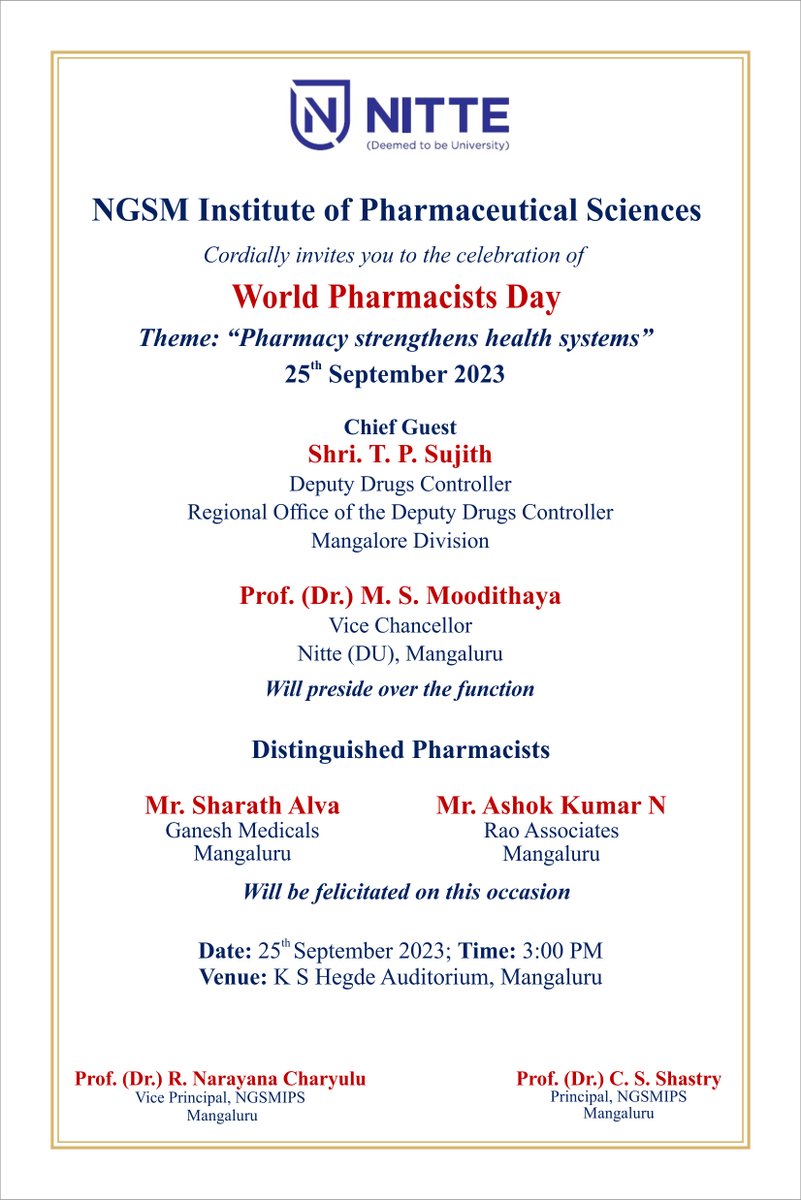 ngsmips's tweet photo. NGSM Institute of Pharmaceutical Sciences cordially invites you to the celebration of World Pharmacists Day on 25th September 2023 at 3 pm at K S Hegde Auditorium, Deralakatte. https://t.co/zSG0ocmzje