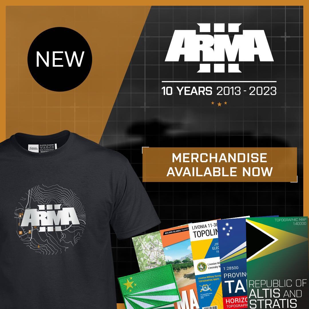 For a limited time, use code ARMA310ANNIVERSARY on an #Arma3 BI Store purchase of €50 or more and receive €10 off!

Pick up the new "Map Style" Arma 3 T-shirt today! 👕

Digital keys for Arma 3 and its DLC are also available for up to 80% off! 🔥

store.bistudio.com/collections/ar…