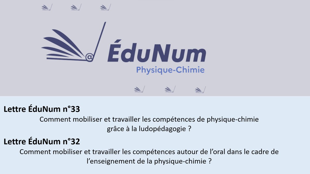 📄 Les lettres ÉduNum #PhysChimie présentent des pratiques numériques proposées en académie, des #RessNum utiles en classe ou à la formation.
🖥️ Consulter les 4 dernières publications : 
➡️ eduscol.education.fr/2636/lettre-ed…
📭 S’abonner : 
➡️ listes.education.fr/sympa/info/edu…