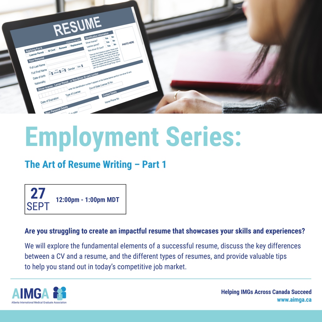 Elevate your job search! Join us for a dynamic resume-writing workshop and unlock the secrets to crafting a successful resume and more!

Click to register: aimga.ca/programs/emplo…

#resumeworkshop #CareerSuccess #AIMGAEvents #career #work #employmentopportunities #img