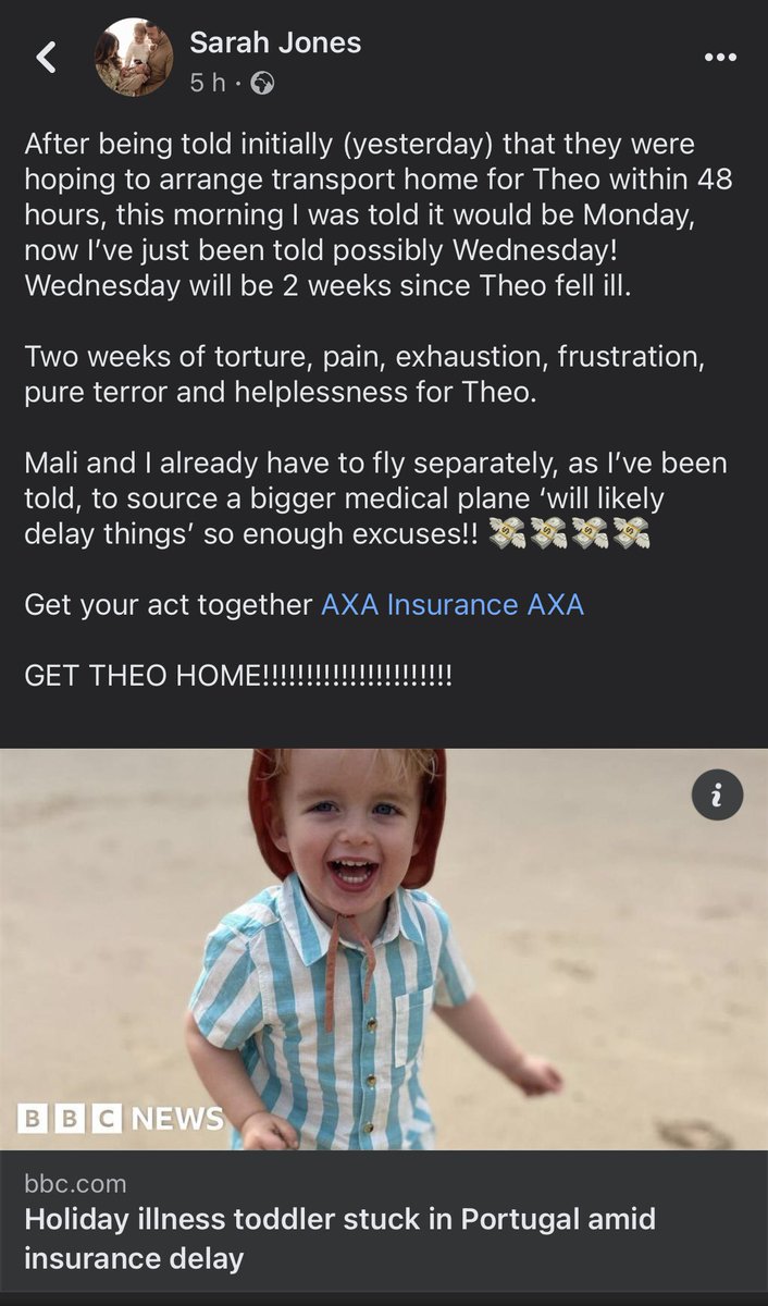 Enough excuses <a href="/axainsurance/">AXA Insurance UK</a> <a href="/AXA/">AXA</a> <a href="/AXAHealth/">AXA Health</a>. Get our Theo home to the medical care waiting for him in the UK, that he so desperately needs and deserves. Time is precious and every second counts. #getTheohome #makeitmakesense!!! 

Please read and share. 

bbc.co.uk/news/uk-wales-…
