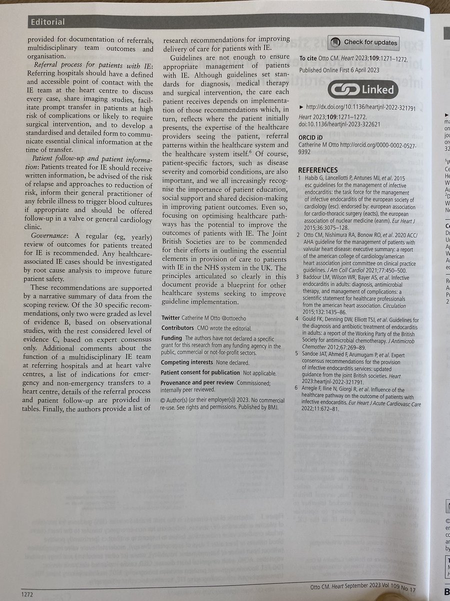 Really important editorial in <a href="/Heart_BMJ/">Heart_BMJ</a> from <a href="/ottoecho/">CM Otto</a> from the JBS on the provision on infective endocarditis services. Particularly relevant to those of us not in surgical centres.