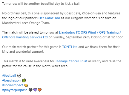 NWalesDragons's tweet image. Tomorrow, this match is to raise awareness for @TeenageCancer as we try and raise the profile for the cause in the North Wales area.
@coast_rhos @HerGameToo @LlandudnoFC