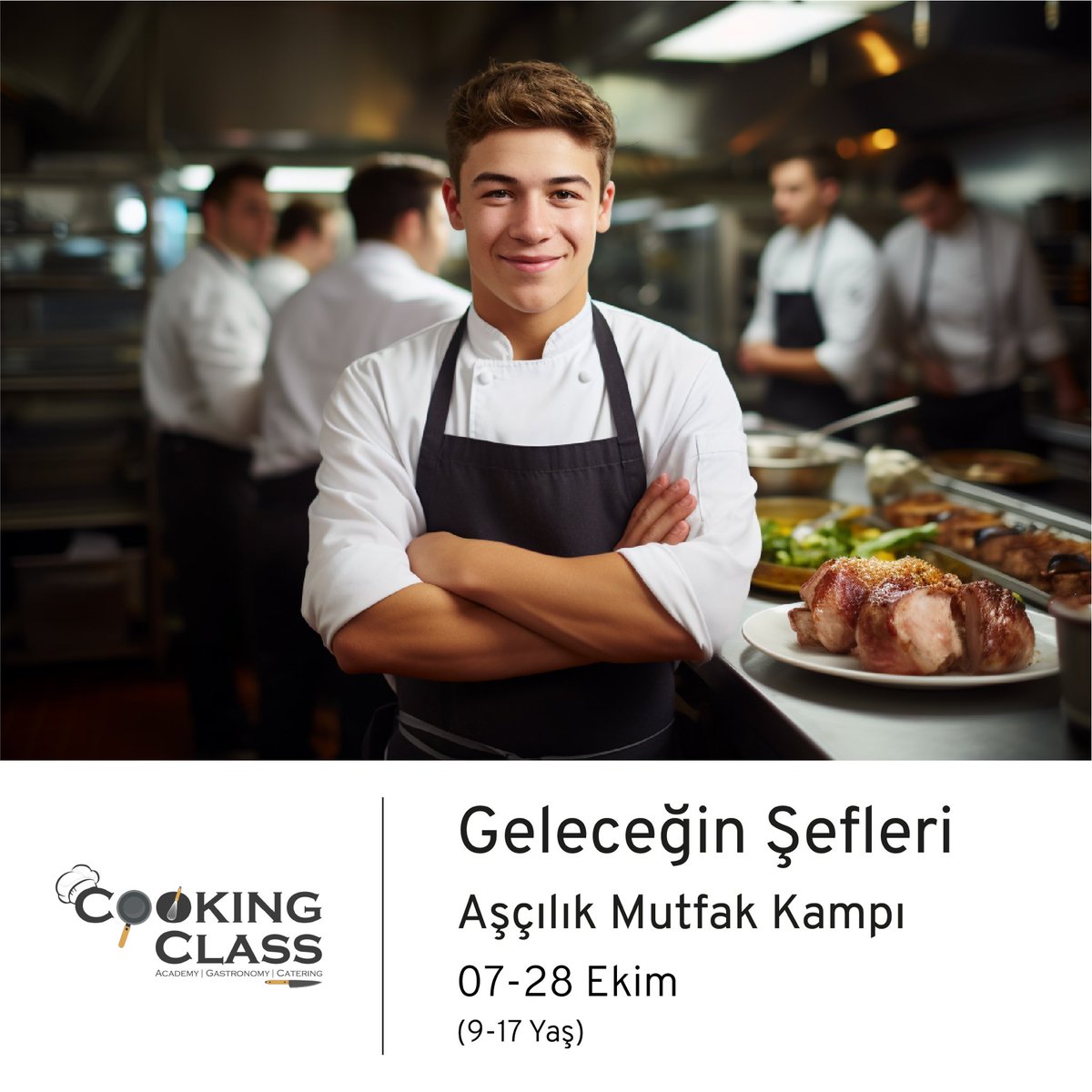 👩‍🍳🧑‍🍳 Geleceğin Şefleri Mutfak Kampı Aşçılık 07 Ekim’de Cooking Class Academy İstanbul’da başlıyor. 
07-28 Ekim tarihlerinde her Cumartesi saat 10:00-14:00 arasında tasarlanan bu hafta sonu eğitimimizde Dünya ve Türk mutfağından yemeklere ve tatlı çeşitlerine yer vereceğiz.