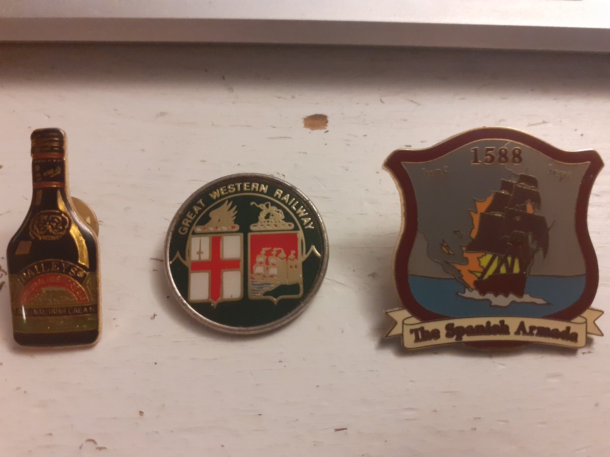 Today's enamel pin haul: I got Baileys, Great Western Railway, and the Spanish Armada