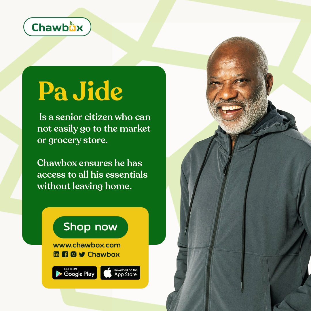 chawbox's tweet photo. Pa Jide is a senior citizen who can't easily go to the market.
Chawbox ensures he has access to all his essentials without leaving home.
#chawbox
#groceriesinlagos
#shopsmartsavemore https://t.co/mtf5fzFI0G