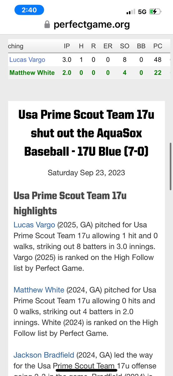 Good win at GCSU. Pitched well over two innings.