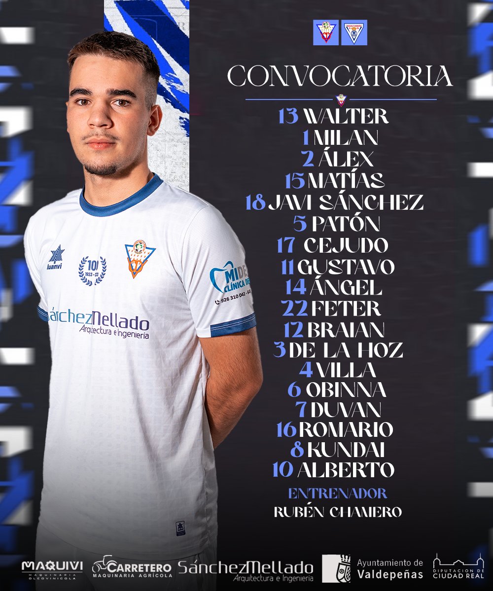 📋 𝐂𝐎𝐍𝐕𝐎𝐂𝐀𝐓𝐎𝐑𝐈𝐀 | #ValdepeñasMiguelturreño

✅ Estos son los jugadores elegidos por <a href="/Ruben_chamero/">Rubén Chamero</a> para el partido de mañana frente a <a href="/Miguelturreno1/">CD Miguelturreño ᵈᵉˢᵈᵉ ¹⁹⁷⁵ ✭✭✭</a>

❌ Jaime Vere continúa recuperándose de sus molestias.

🤍 ¡Vamos Valdepeñas!

📸 <a href="/aurecape/">aure</a>