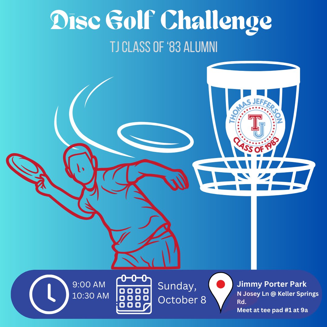 tjclassof1983's tweet photo. Join the #TJHS40thReunion Sun. 10/8/23, 9am for the Disc Golf Challenge🌟 Don't miss out! 📷 https://t.co/AKYVO8XR43… #TJHS40Reunion #tjclassof1983 #tjhsreunion #40threunion #classof1983 #discgolf https://t.co/VoCW1sFUSf