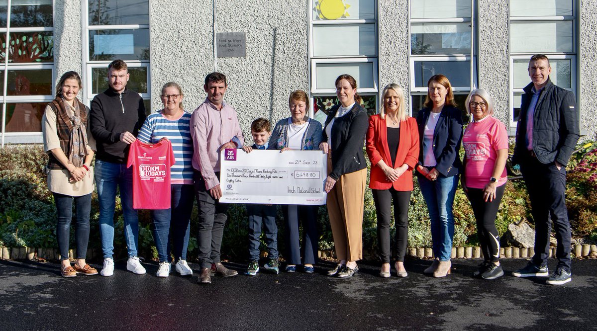 inchns1's tweet photo. Presentation of €6,498 raised by Inch NS from their fundraising walk for the @MarieKeating ‘100km in 30 days’.  In attendance was the family of the late Geraldine Callanan, a treasured parent of our school and an outstanding advocate and fundraiser for Breast Cancer Awareness. https://t.co/NZ3TfwKgM5