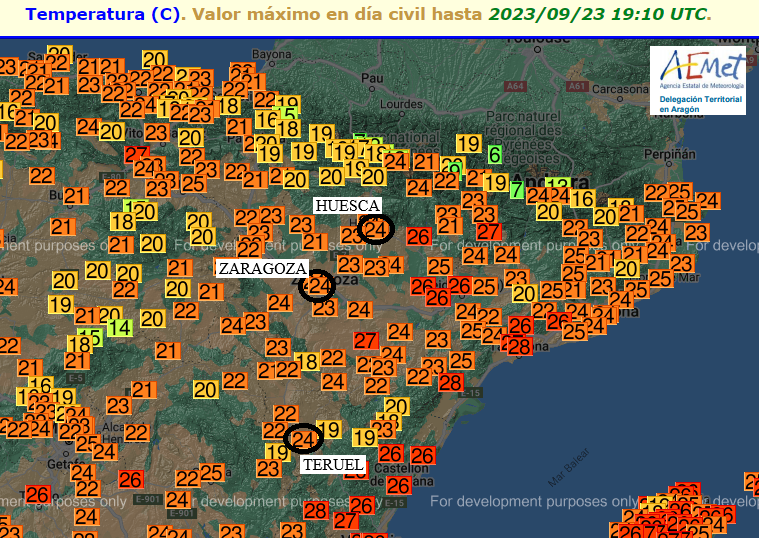 AEMET_Aragon's tweet photo. Las 3 capitales aragonesas han registrado 24 ºC y las estaciones que han conseguido llegar a 25 ºC han sido: #Híjar en #Teruel, y #Barbastro, #Fraga, #Ballobar y #TamaritedeLitera en #Huesca.
Mapa T máx y ranking de T máx y mín hoy primer día del #otoño 23/09/23
@AEMET_Aragon https://t.co/mSqgIhS1gS