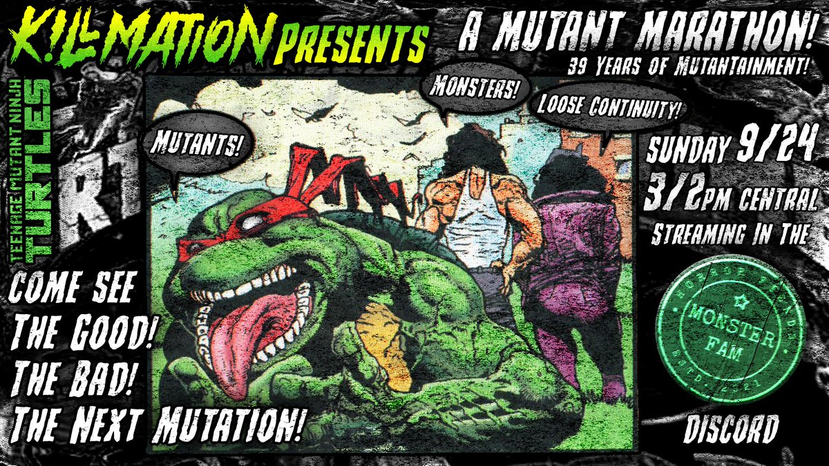 MACHETESQU1D's tweet photo. TOMORROW ON K!LLMATION PRESENTS! A TMNT MARATHON that'll kick you right in the nostalgia! Streaming episodes of EVERY iteration, including a very loosely adapted anime and a very ill-conceived porn parody! Also WEIRD CRAP from the darkest sewers of the internet!!! 3/2 CENTRAL!!! https://t.co/mOeGoYkvmf