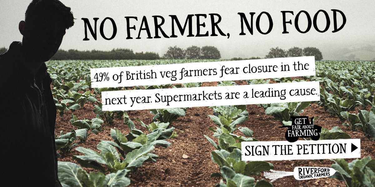 Riverford's tweet image. British farming needs your help. Farmers are leaving the business - supermarket behaviour is a leading cause. We're calling for change &amp;amp; asking supermarkets to get fair about farming. Help save British family farms by signing the petition: getfairaboutfarming.co.uk.