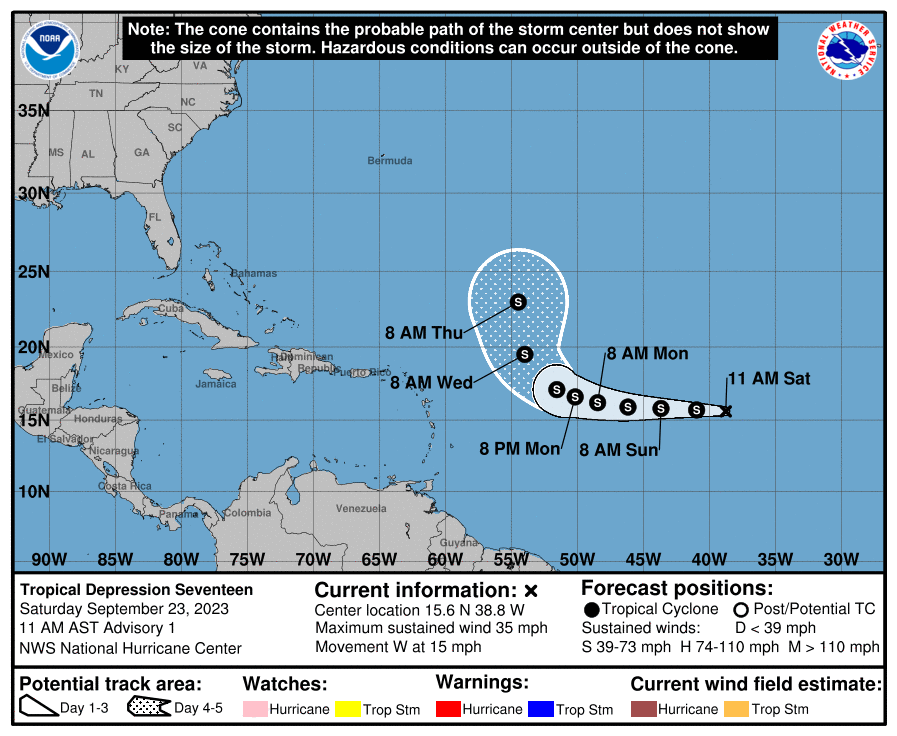 TemporadaCiclon's tweet image. #NHC #11AM
Se ha formado la Depresión Tropical #17 de la #TemporadaDeHuracanes2023. 
Por la trayectoria estimada por el Centro Nacional de Huracanes, este sistema no ofrece peligro para el Caribe.