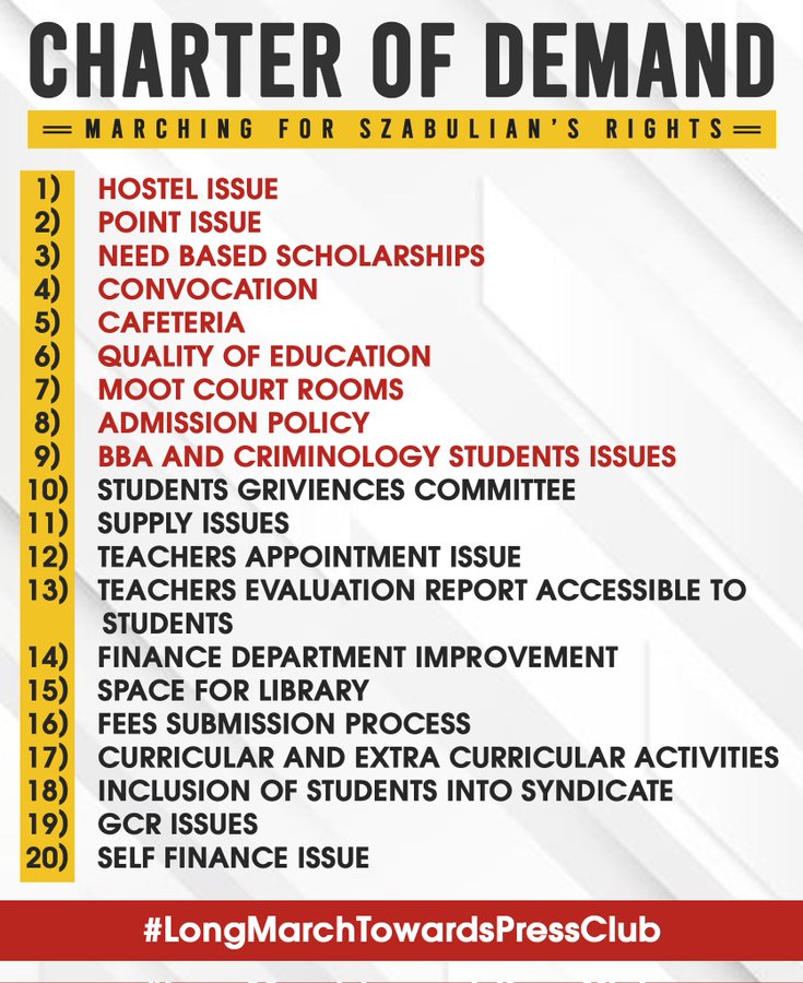 MuneerHussainK9's tweet photo. Hey @AnsarAAbbasi
See our 1st ever law university is ruined and we are marching against the mal-treats of the administration and we will fight for our rights please support us in the cause.

#MarchingForSzabuliansRights
#LongMarchTowardsPressClub
#26September https://t.co/zWeOpBryrE