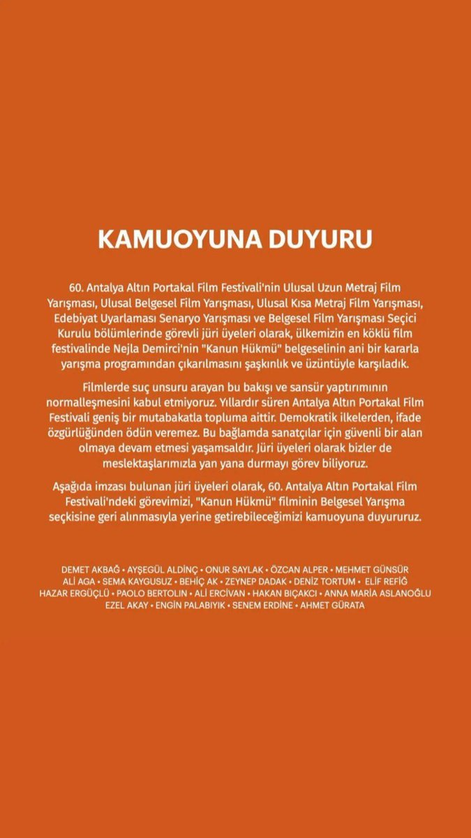NejlaDemirci1's tweet photo. Antalya Film Festivali jüri üyelerinin ortak kararıdır.  #KHK platformları ile başlayan haklı tepkilerimiz sanatçı duyarlılığı ile taçlandı. İçim ısındı… teşekkür ederim. 
#BenimFilmimYasaklanamaz https://t.co/PWj4jjrnWR