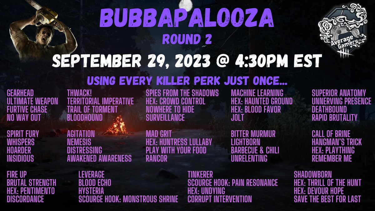 senorwaggy's tweet photo. Save the date for this Thursday and Friday while I try every killer perk just once with the Bubbz! #averagegamers @AverageGamers4U https://t.co/iq3uMU8UbR