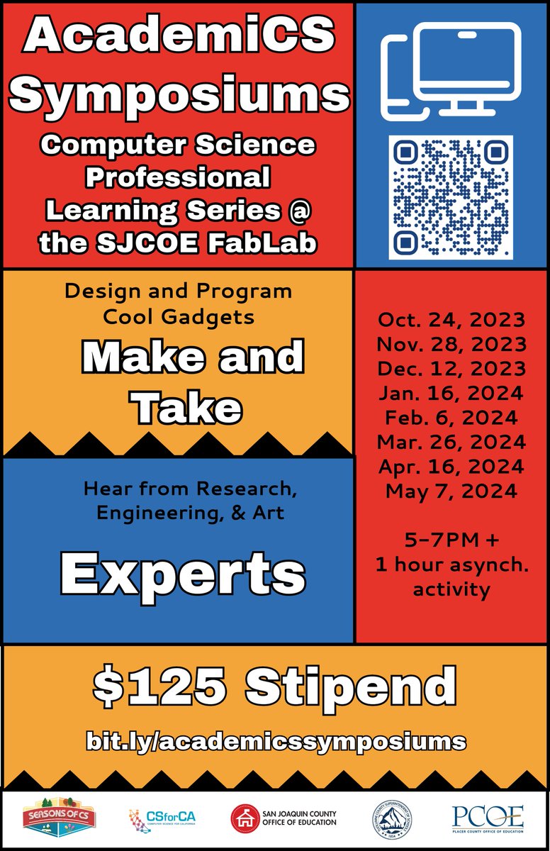 We will be hosting monthly computer science professional learning events at the SJCOE FabLab.  Hear from scientists, engineers and more about CS in their field. Teachers can earn a $125 stipend for 3 hours of learning. bit.ly/academicssympo… #CSforCA #SeasonsofCS #SJCOESTEM