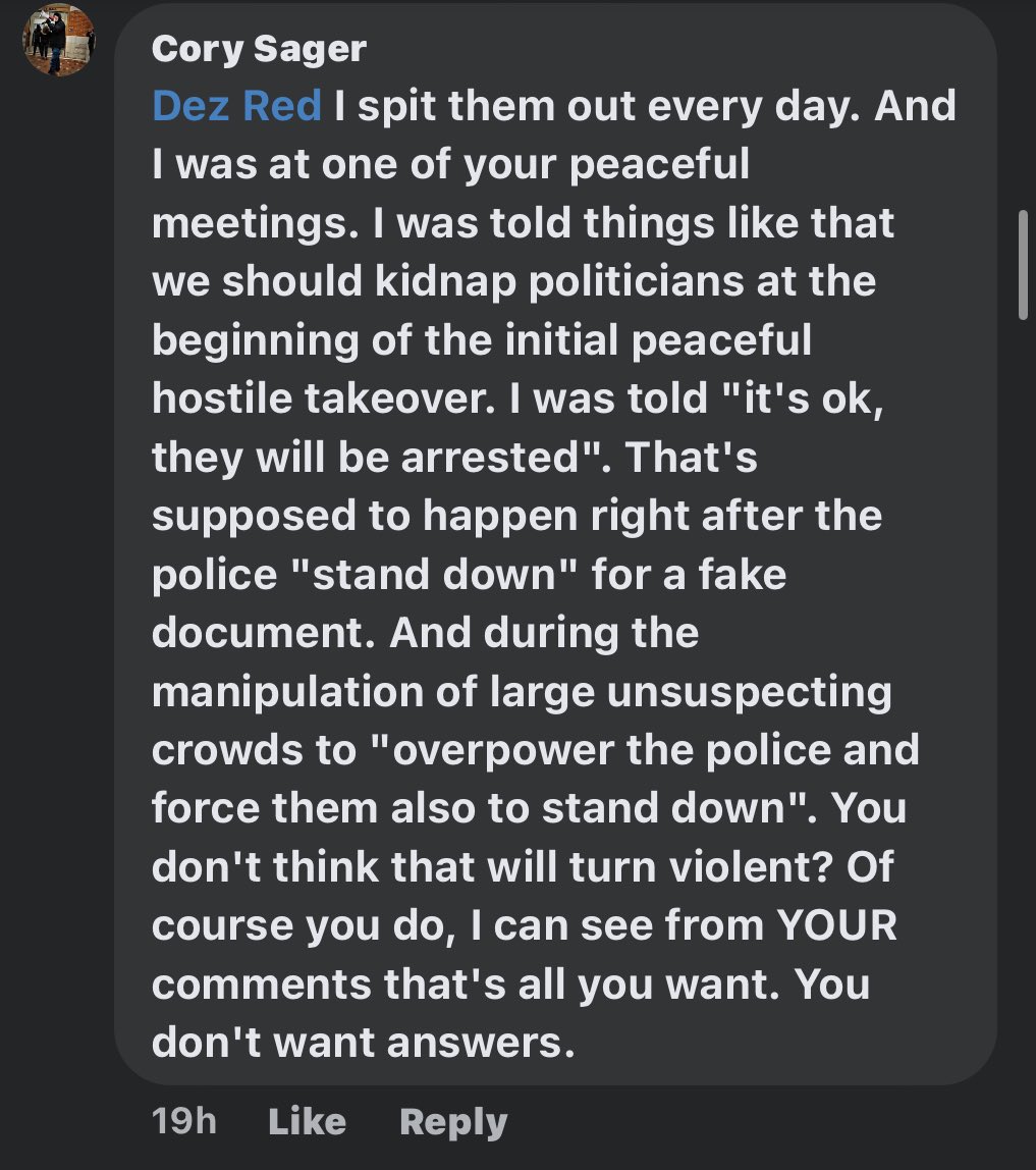 Eatsfood2's tweet photo. Cory spills more on the convoy plan discussion at the meeting he went to and why he doesn’t support this convoy.

The plan was to kidnap politicians, use fake legal documents, and overwhelm the police. 

#ConvoyWatch #BadPlans https://t.co/ZiKbZm7qCd