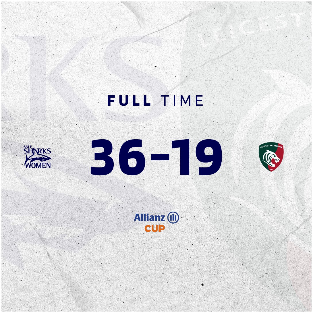 SaleSharksWomen's tweet photo. 𝗙𝗨𝗟𝗟 𝗧𝗜𝗠𝗘 | 🦈 36 v 19 🐯

What a start to the 23/24 season 🔥. 

A Huge team performance. Onwards and upwards #SharksFam. 

#SALvLEI | #SharkTime https://t.co/cyREk9gmQK