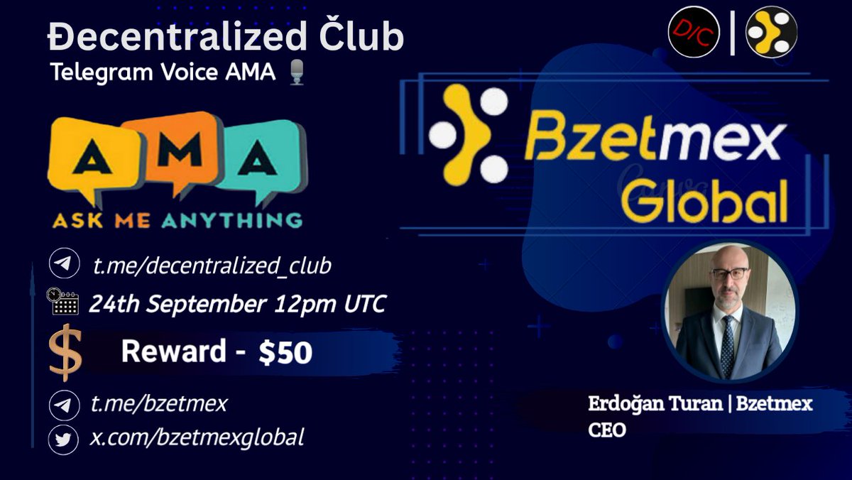 dens_club's tweet photo. DC Presenting an Voice #AMA🎉

📌 Venue : https://t.co/HEzD9zixXk
⏰ When : 24th September 12pm UTC 
🤑 Reward : $50 

10 winners will get $5 each
Twitter (5) & Live asking (5)

1⃣ Follow @bzetmexglobal
2⃣ Like & RT & Tag 3 Friends 
3⃣ Post your questions.

🚸 Must Join Bzetmex & DC Telegram & Twitter before the AMA otherwise you wont be chosen as WINNER.

https://t.co/vfRO62R5qE
https://t.co/UTG7EBNuUo
https://t.co/ME6WlEt3TP

Best of luck 🤞!

#Giveaway #Airdrops #DC #decentralized_club #NFT #NFTs #NFTgiveawas #Giveaways #Airdrop #AMAs #Crypto