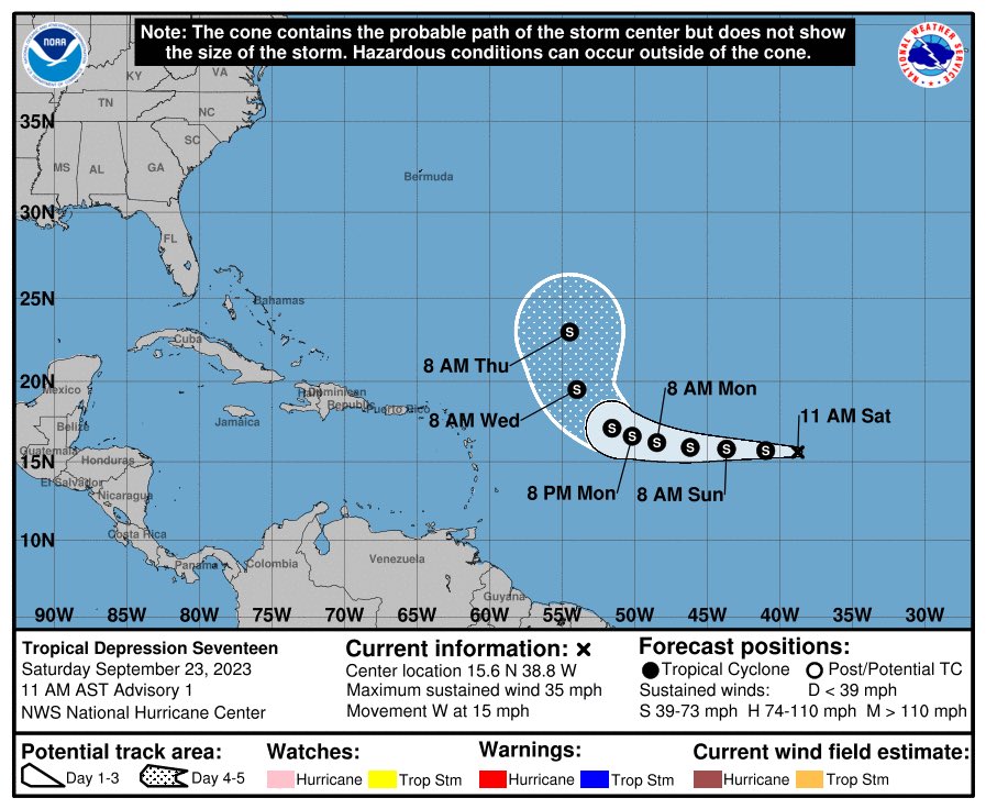 VortixWx's tweet photo. #17L is expected to become a TS & likely take the name #Philippe. However, strengthening will be a bit slow & will be a strong TS by Thu. That’s due to some mid-level shear that will continue to hammer it. The ridge to its north will weaken & provide room to move away from land. #tropicswx