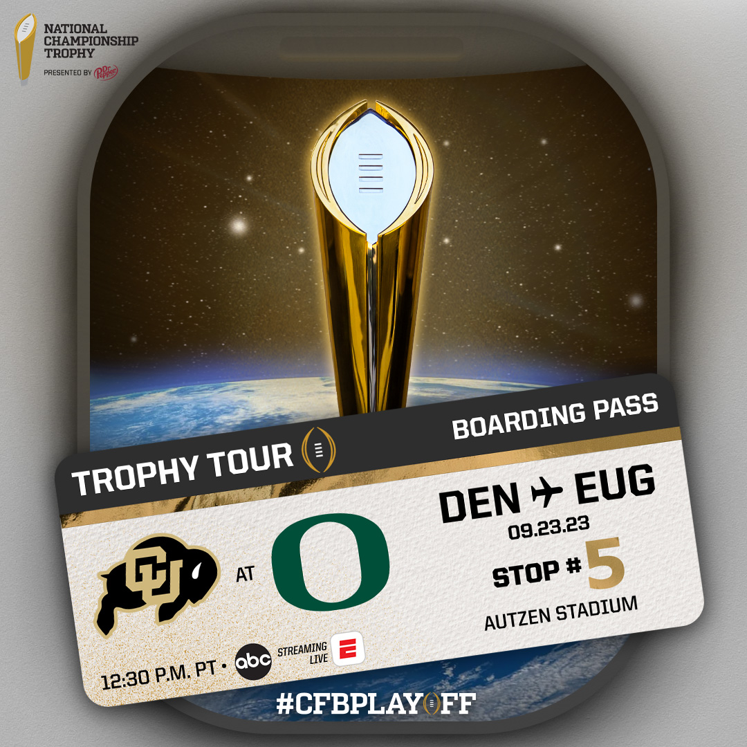 The #CFBPlayoff #NationalChampionship Trophy Tour is ready for a midday matchup against @Pac12 foes! 🏆 @CFBPlayoff Trophy Tour 🏈 @CUBuffsFootball at @oregonfootball 📅 Sunday, September 23 🕰 12:30 p.m. PT 🏟 Autzen Stadium 📍 Eugene, Oregon 📺 @ABCNetwork 📱 @ESPN app