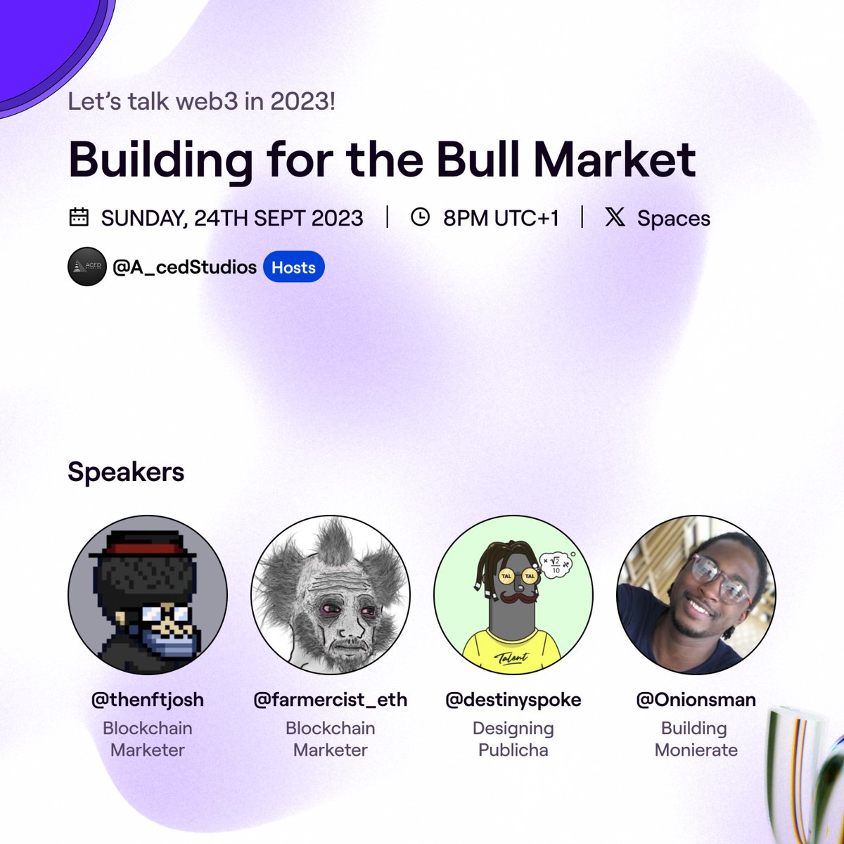 Bitcoin halving is next year and a bull run is imminent. 

Hence, we would be having a space on the 24th Sept. Time: 8pm 

Topic: Building for the Bull Market

Speakers: <a href="/theNFTjosh/">🅞xjoshcrypto</a> <a href="/farmercist/"></a> <a href="/Destinyspoke/">Who decided that?</a> <a href="/onionsman/">onionsman</a> 

Let's keep building 🏗️