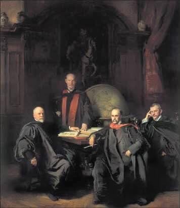 Día del residente. Pintura "Los 4 doctores" (1907) de John Singer Sargent. Welch patólogo, Halsted cirujano, Osler internista y Kelly ginecólogo. En 1889 en Johns Hopkins inició las residencias médicas, idea de Osler (junto con los pases de visita, entregas de guardia y sesiones
