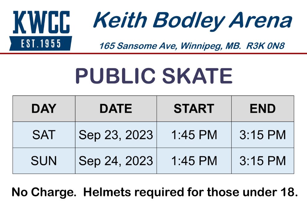 KWCC is offering two more free public skate times today and tomorrow at Keith Bodley Arena. 

#SJAMHA