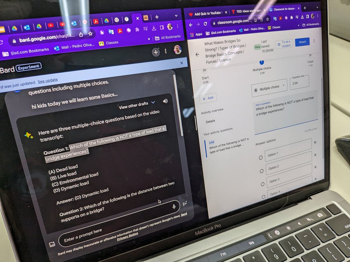 Learning to employ Google's Bard AI at the #LJTECHi3 academy to help me generate embedded questions in YouTube videos through Google Classroom! Blown away! <a href="/CGarza0930/">ᑕᒪEᗰ Gᗩᖇᘔᗩ 💻</a> <a href="/eduGOOGdroid/">Mr.G, M.Ed. 𝕏</a> <a href="/AnaMPerez1/">𝘈𝘯𝘢 𝘔𝘢𝘳𝘪𝘢 𝘗𝘦𝘳𝘦𝘻, 𝘔𝘓𝘚</a> <a href="/LaJoyaISDEdTech/">La Joya ISD EdTech</a>