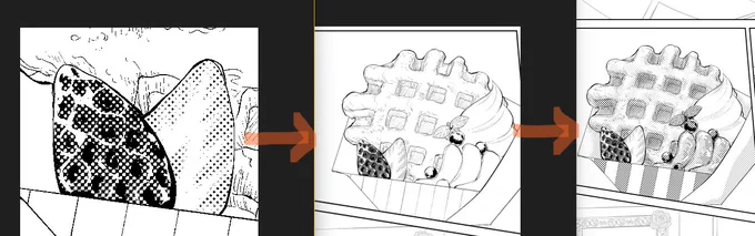 アップでいちご処理してる時は『はあ?』って感じに思うくらいわけわからんかった物体やったけど、遠くから見たらちゃんといちごしてた。あともうちょい焼き目入れてソースかけたらワッフル完成。
進捗?これね、1ページ目の3コマ目😹😹
いやまあ…背景だけならまあまあ終わってるけどさ… 