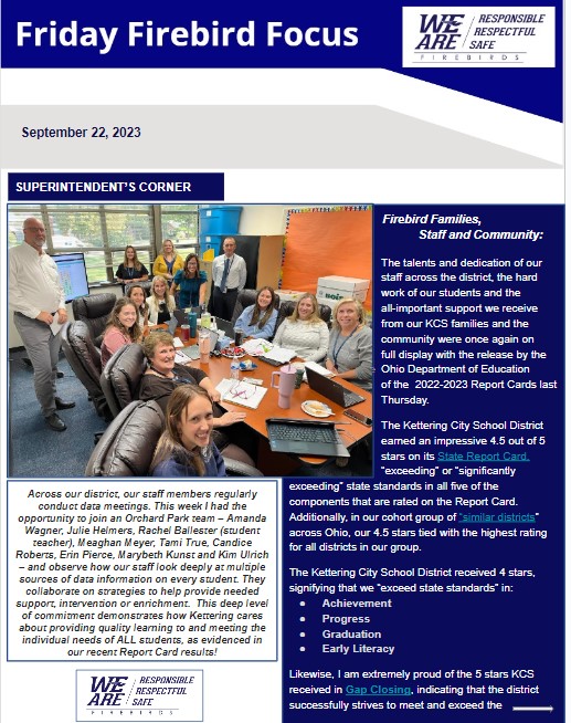 In this week's 'Friday Firebird Focus,' we celebrate our 2022-2023 State Report Card and all of YOU whose support of KCS children, staff and schools translates into success for ALL of our students! Have a great weekend! bit.ly/461jeeB #WeAreFirebirds