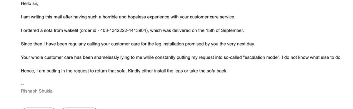 shuklakshtwt's tweet photo. Pathetic experience with @WakefitCo 
Even after numerous emails and calls the installation of my sofa legs are still due even after more than a week of the delivery.
They even had the audacity to cancel my request when i tried to return it.
@Ankit_AGarg @InfiniChai https://t.co/1eBmxRUNJH