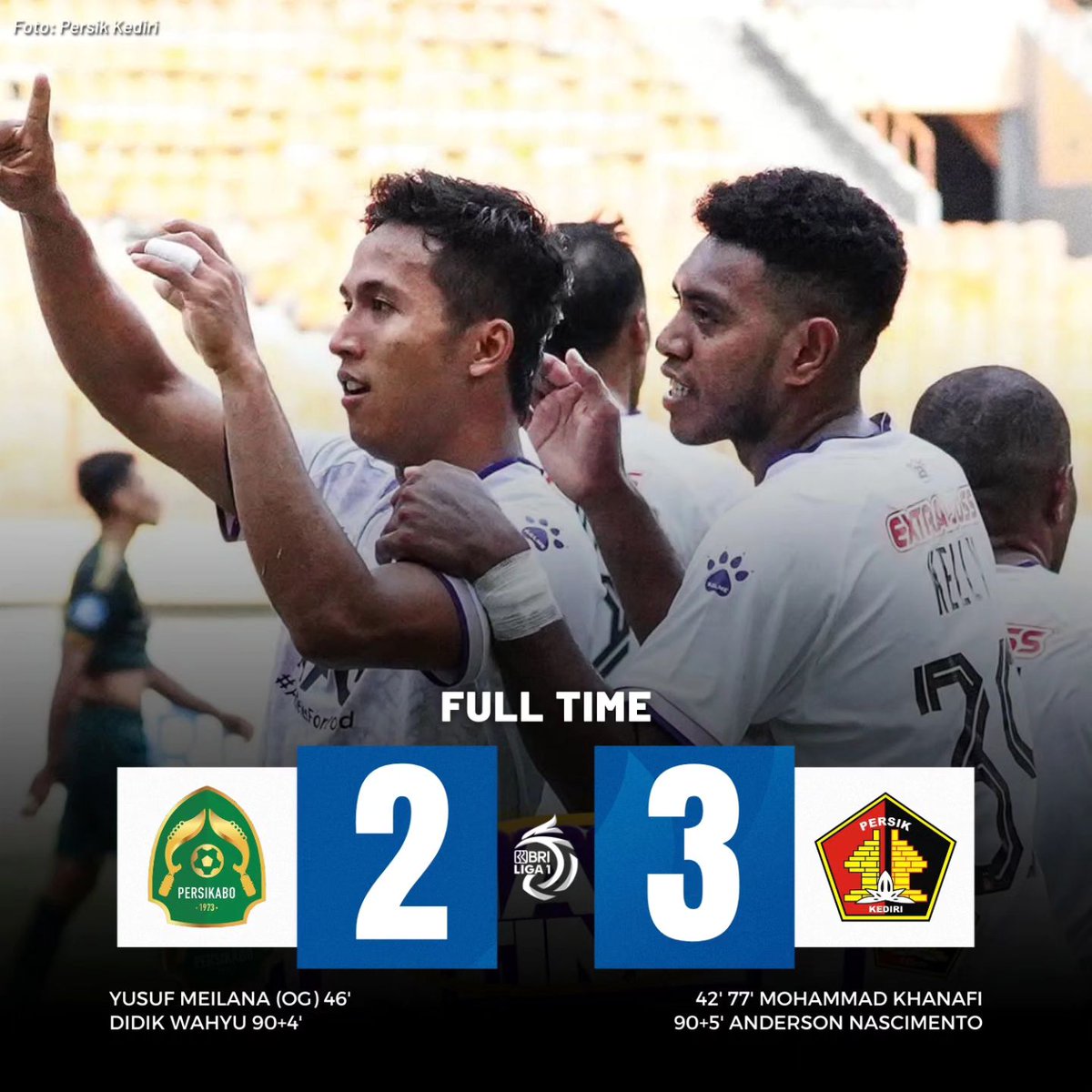 DJAJATI
Persik Kediri berhasil mengalahkan tuan rumah Persikabo 1973 dengan skor 3-2

Drama terjadi di menit Injury time.. 

Persikabo 1973 sempat menyamakan kedudukan namun langsung dibalas lagi oleh Persik 1 menit kemudian..seruu